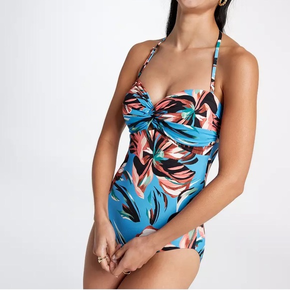 NWT CALIA Women's Twisted Bandeau Swim One Piece Tranquil Blue Floral